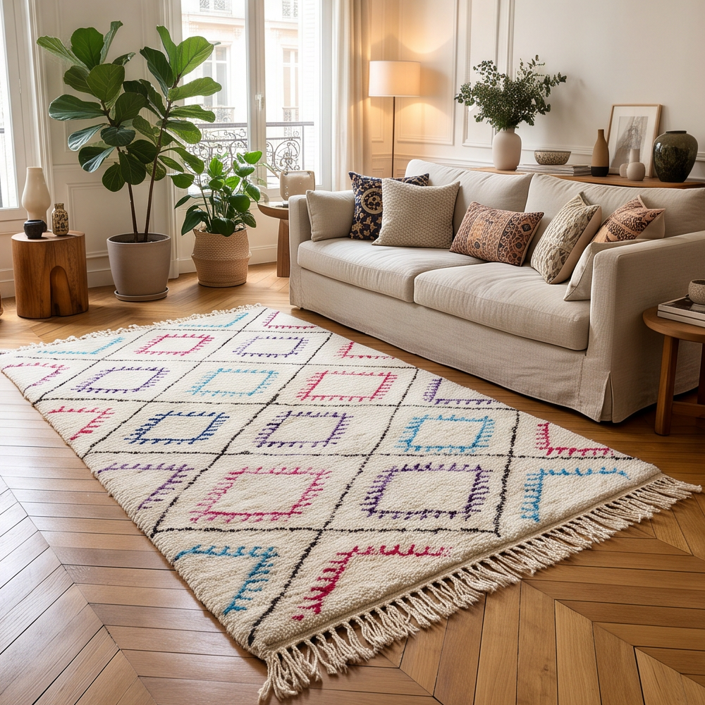 Tapis Béni Ouarain à losanges colorés disposé dans un salon