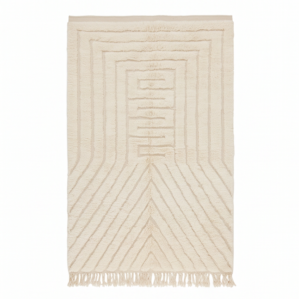Vue de dessus du tapis Béni Ouarain à arche et chevrons ton sur ton