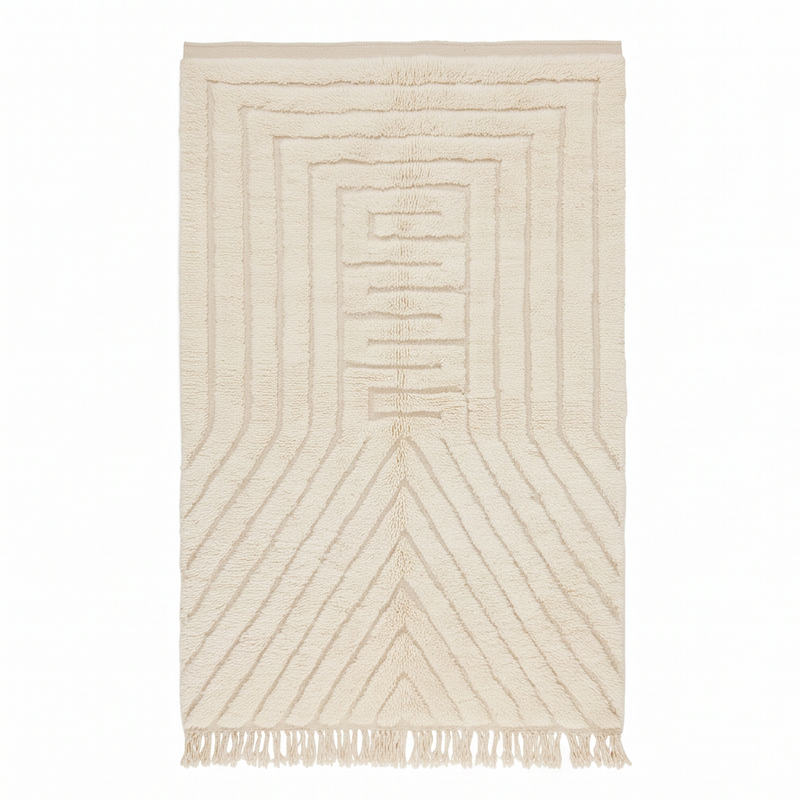 Vue de dessus du tapis Béni Ouarain à arche et chevrons ton sur ton