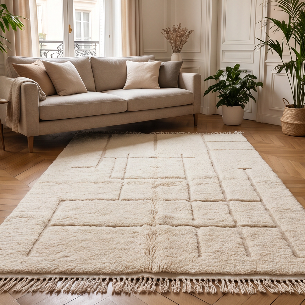 Tapis Béni Ouarain à lignes géométriques ton sur ton disposé dans un salon