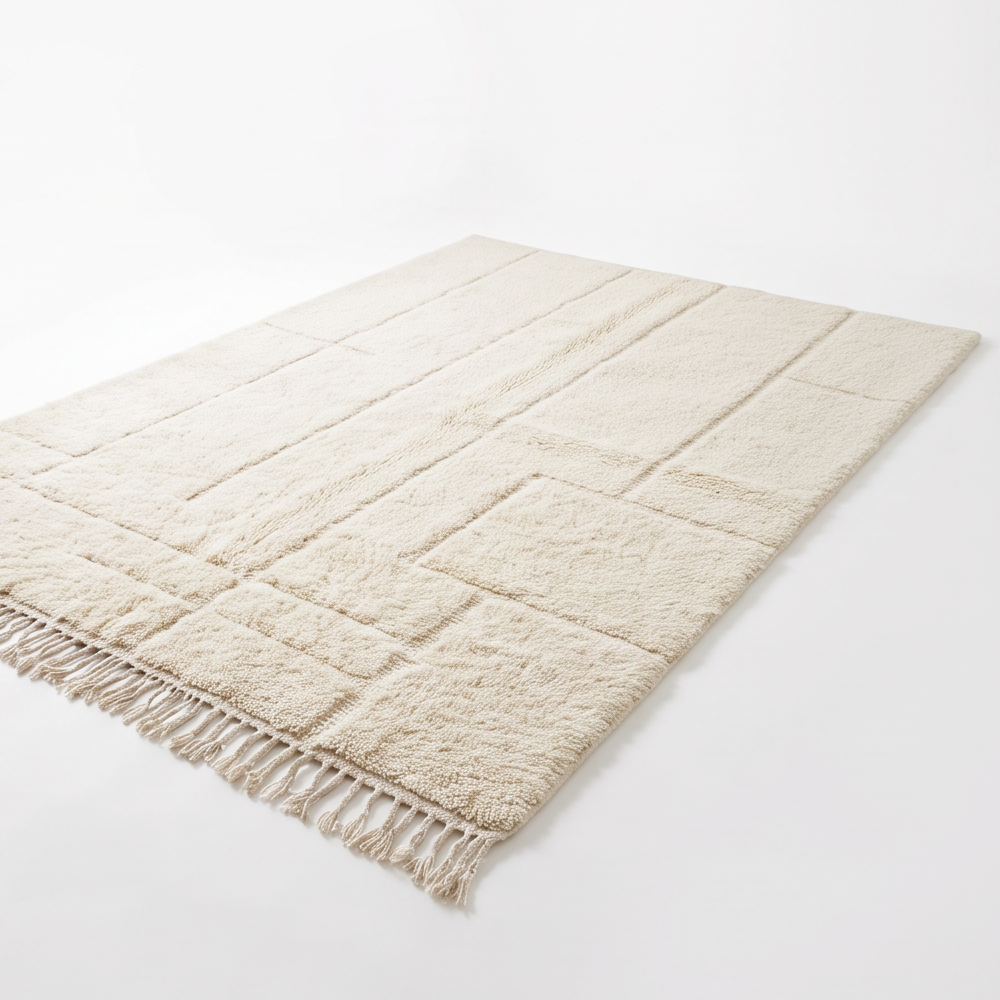 Tapis Béni Ouarain écru à motif architectural ton sur ton, vue en perspective