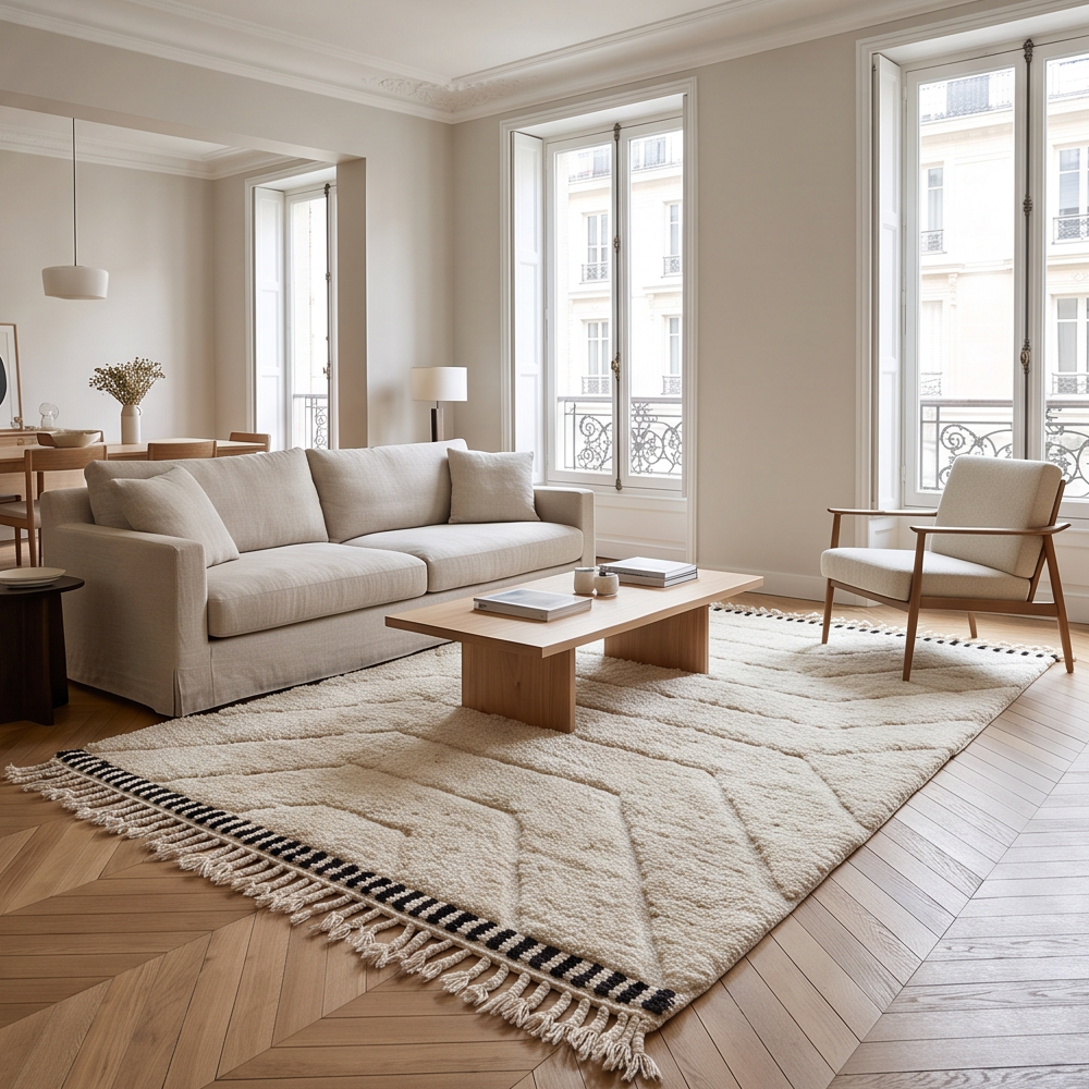 Grand tapis Béni Ouarain écru à bordures noires dans un salon