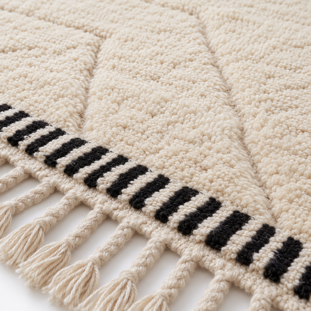 Détail de la laine et de la bordure noire du tapis Béni Ouarain