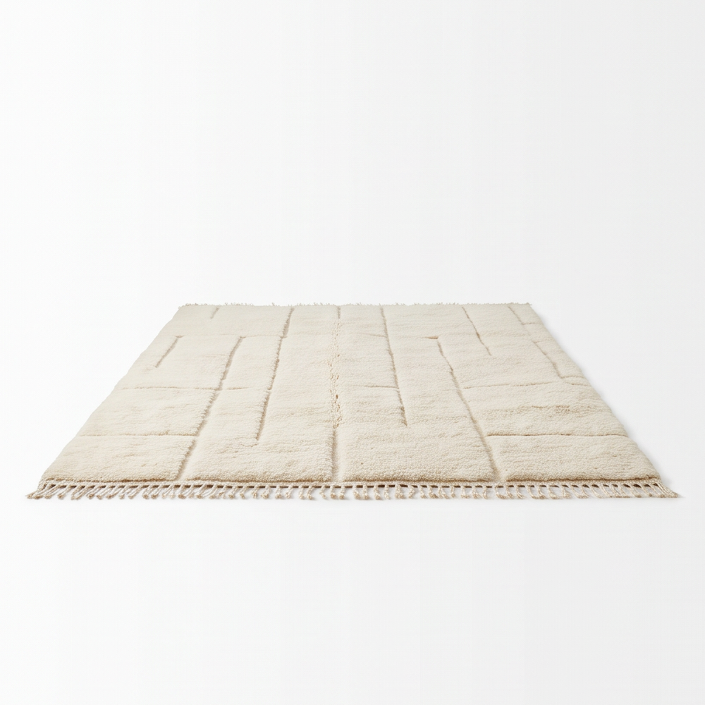 Tapis Béni Ouarain écru à lignes architecturales posé au sol, vu en perspective