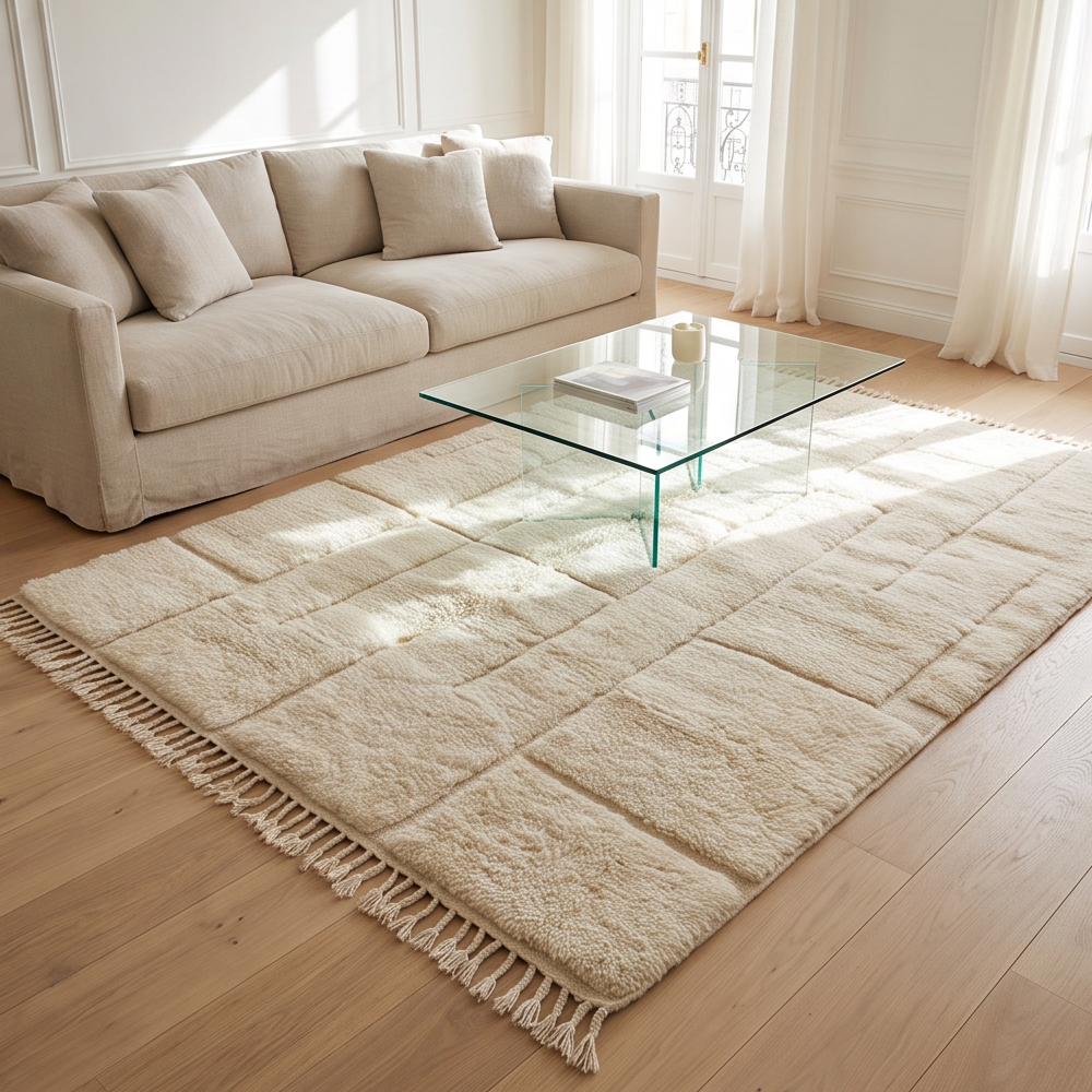 Tapis Béni Ouarain écru à lignes architecturales 200x300 cm mis en situation dans un salon