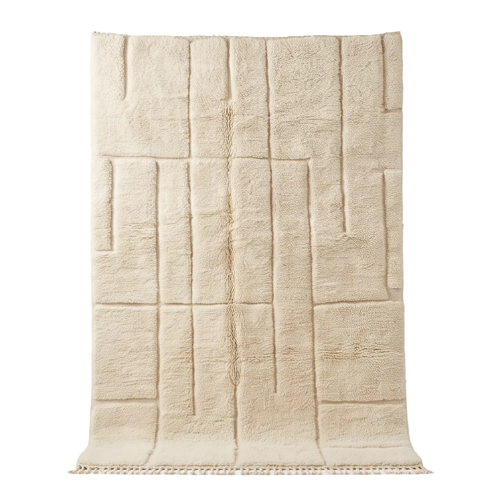 Vue complète du tapis Béni Ouarain écru à lignes architecturales 200x300 cm et de ses franges