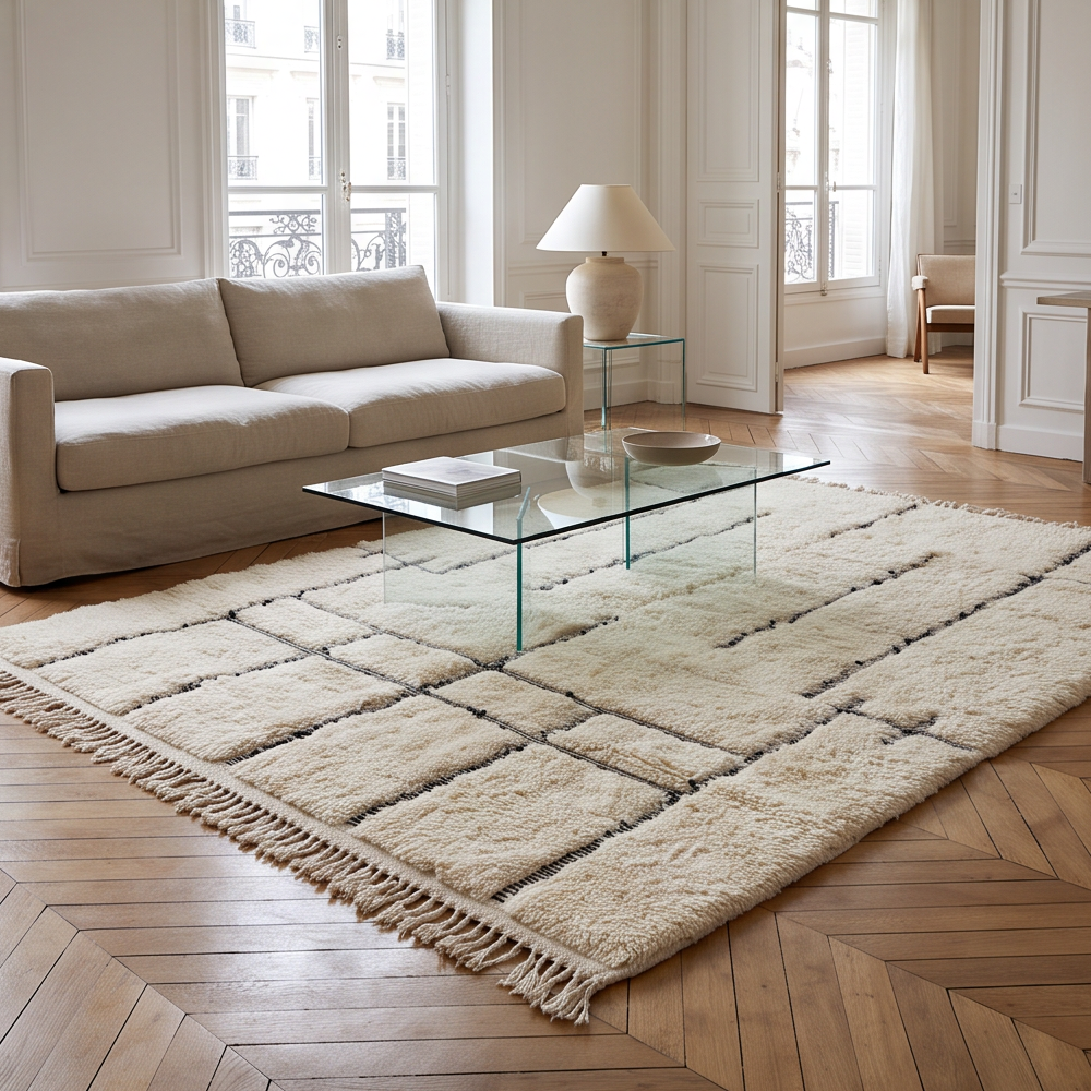 Tapis Béni Ouarain écru à lignes graphiques noires 200x300 cm mis en situation dans un salon