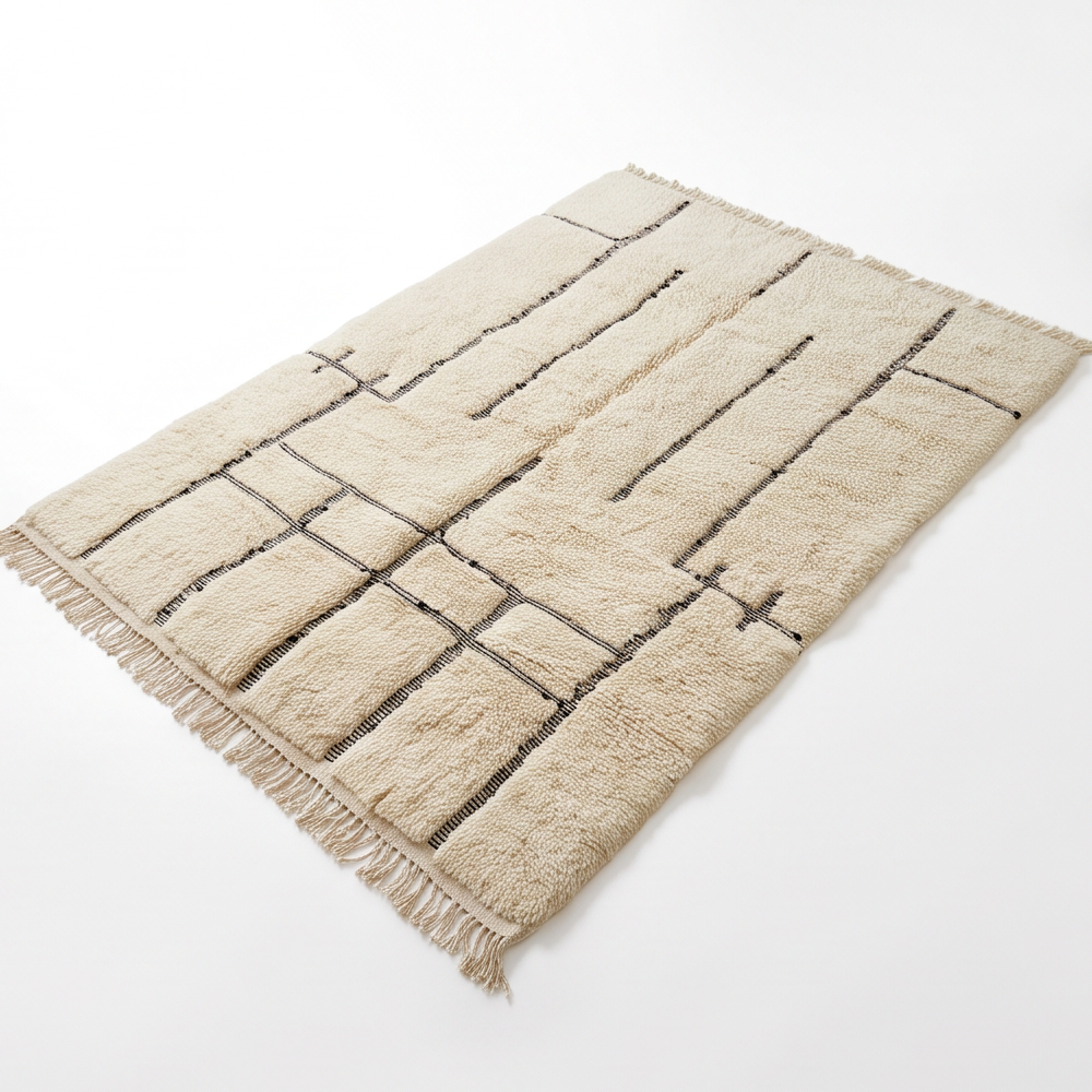 Vue oblique du tapis Béni Ouarain écru à lignes graphiques noires et de sa texture