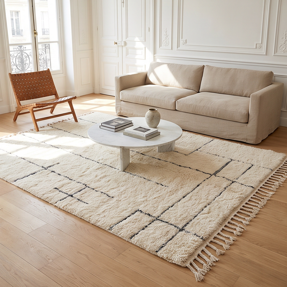 Grand tapis Béni Ouarain écru à lignes noires en situation dans un salon