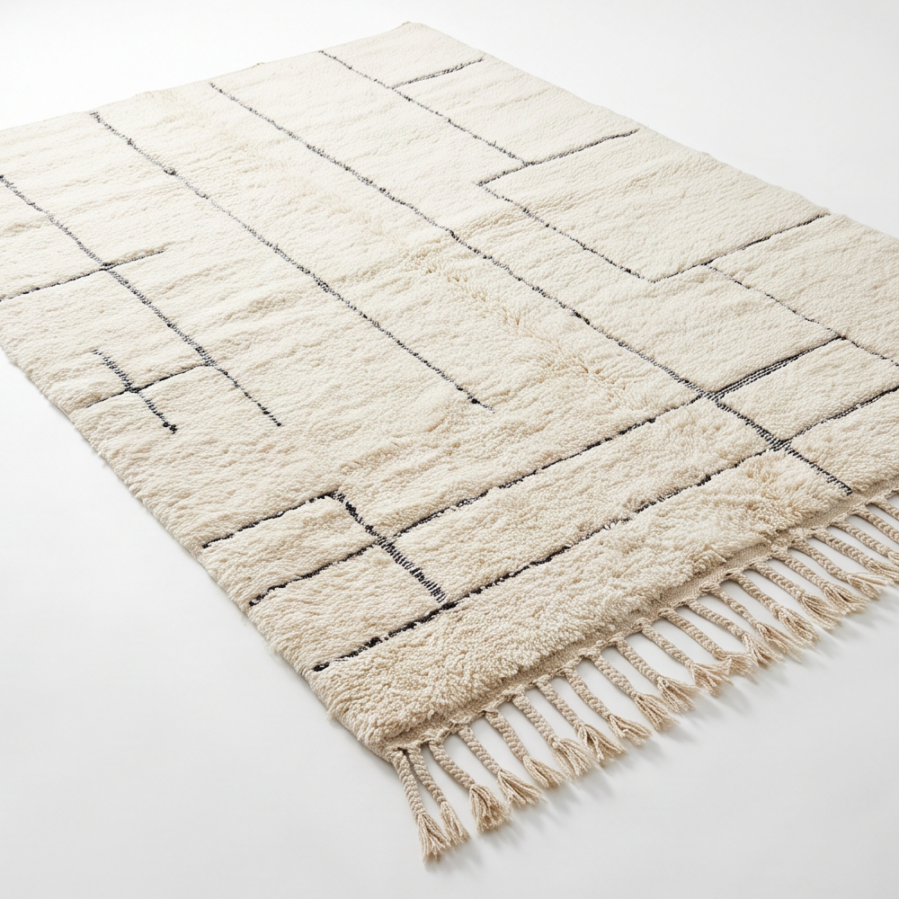 Tapis berbère Béni Ouarain écru à motif géométrique noir, vue de trois quarts