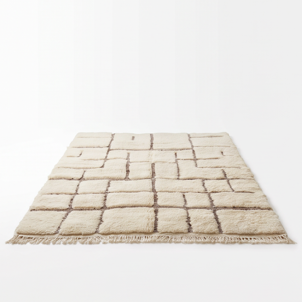 Tapis Béni Ouarain écru à quadrillage brun posé au sol, vu en perspective