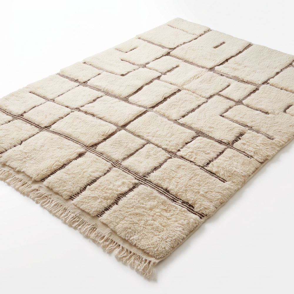 Vue oblique du tapis Béni Ouarain écru à quadrillage brun et de sa texture