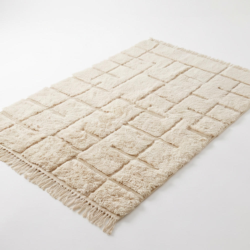 Vue oblique du tapis Béni Ouarain écru à relief géométrique et de sa texture
