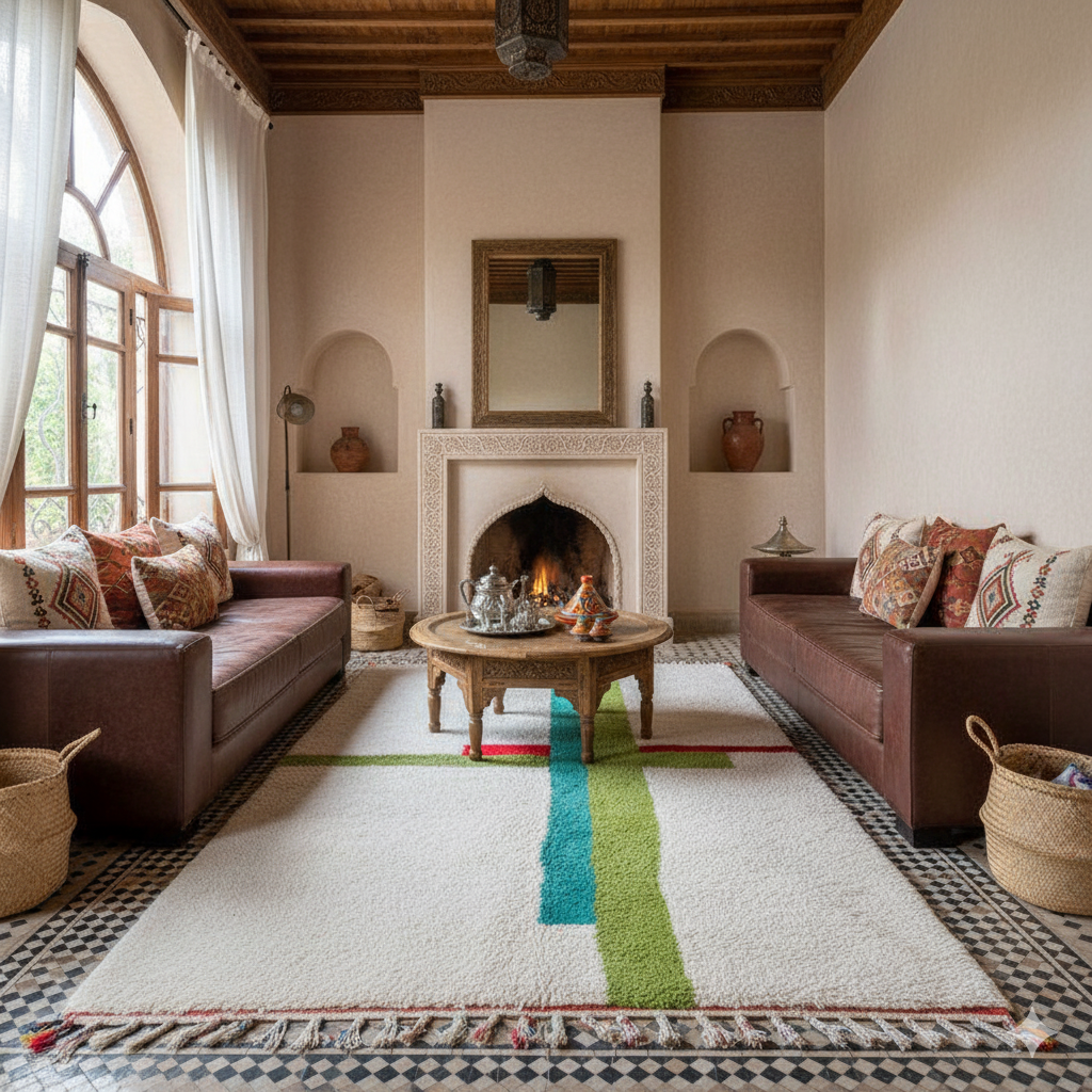Tapis berbère au motifs vert rouge et bleu
