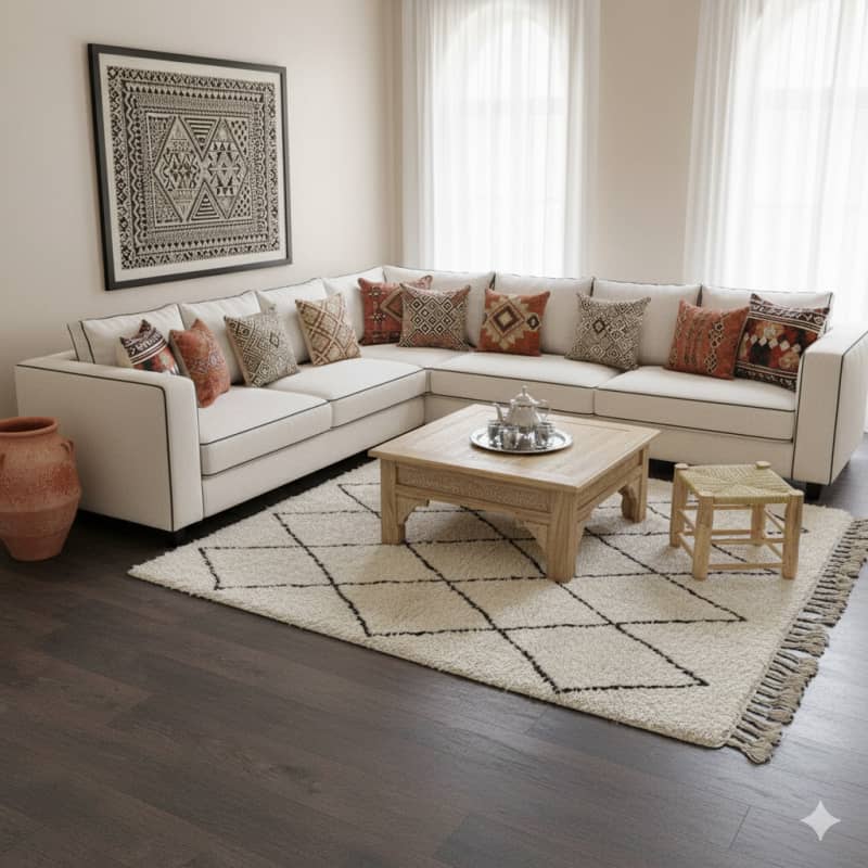 Tapis Berbère blanc à Losanges noirs <br> 110x150 cm