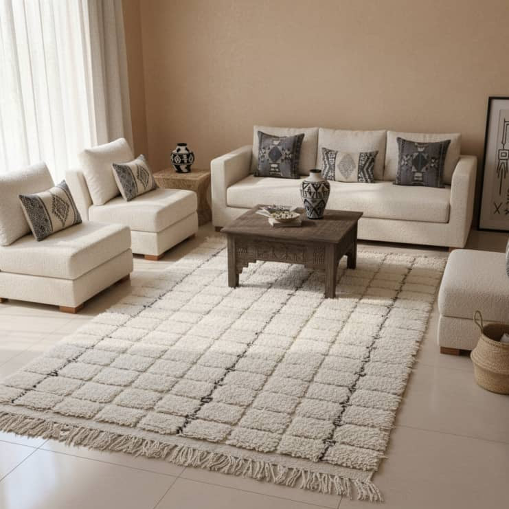 Tapis berbère à carreaux blancs, de style berbère, avec des motifs géométriques et des franges décoratives.
