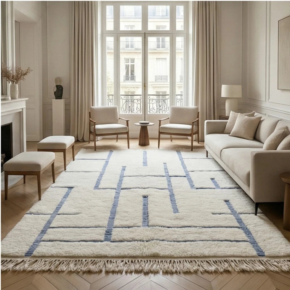 Tapis Berbère laine motif graphique bleu