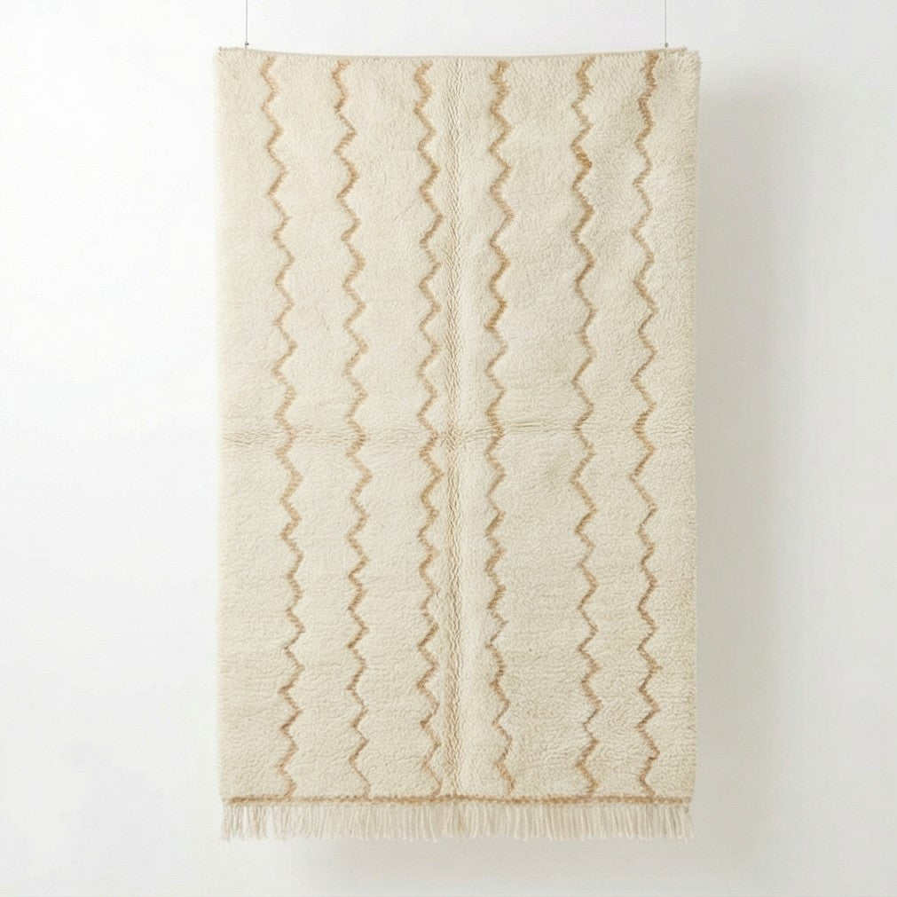 Tapis marocain Blanc en laine zigzag jaune