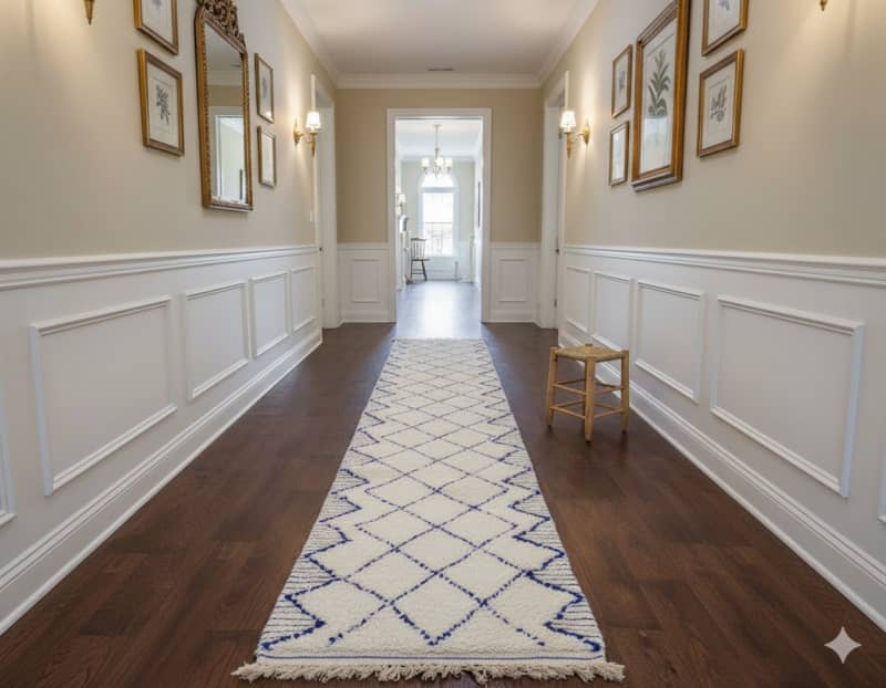 Tapis couloir marocain bleu et blanc <br> 80x305 cm