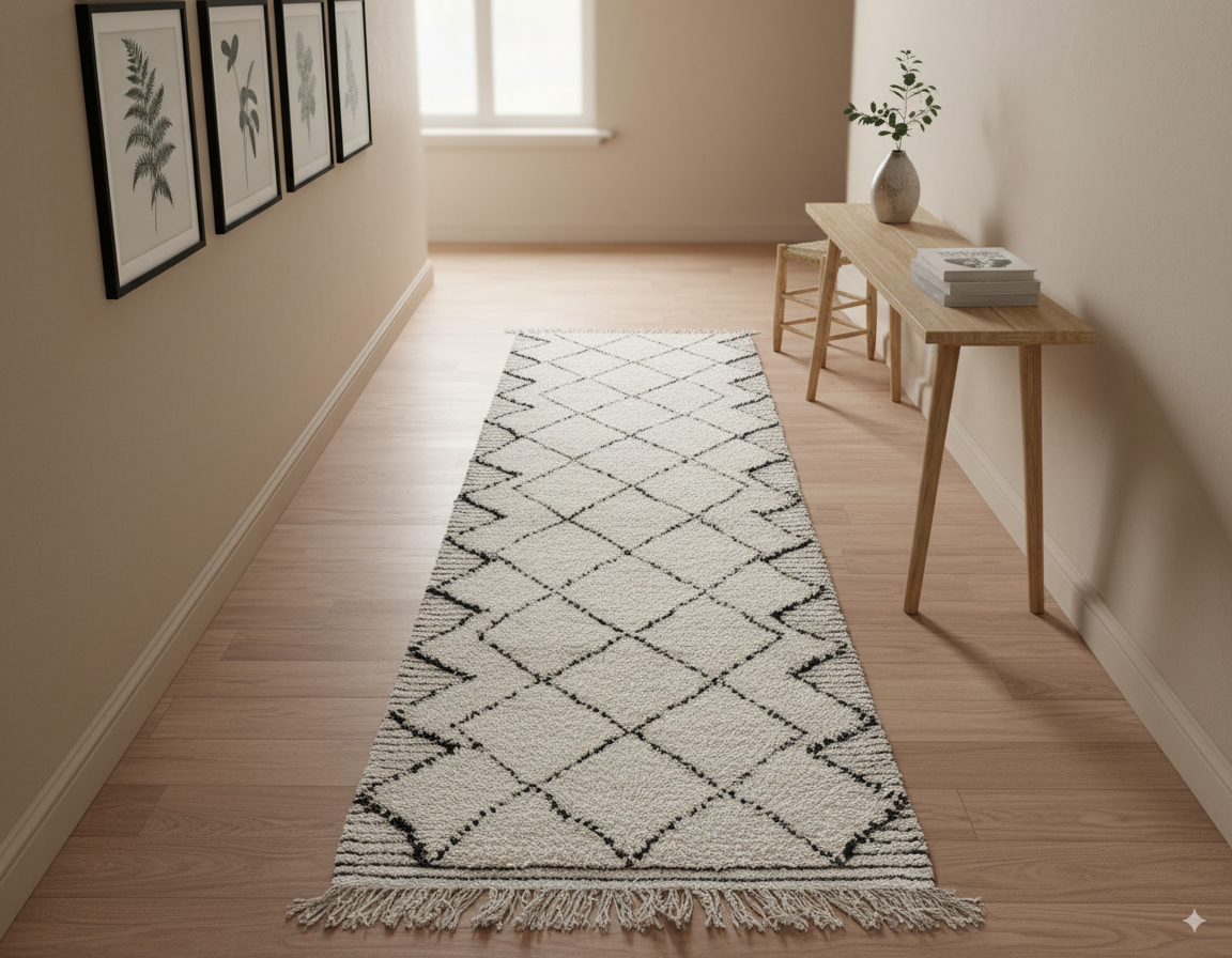 Tapis de couloir marocain noir et blanc <br> 85x300 cm