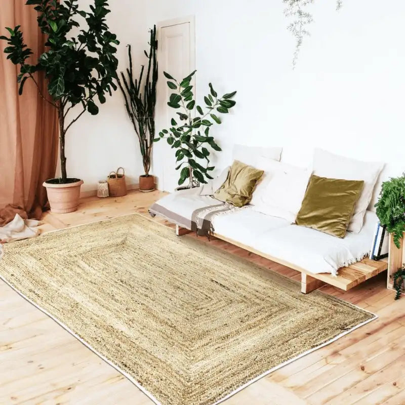 Tapis jute bande blanche boho chic