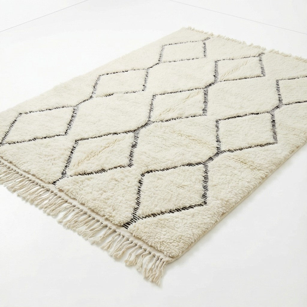 Tapis Beni Ouarain ivoire à motif losanges creux parsemé de noir, avec des franges courtes.