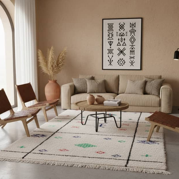 Tapis marocain à motifs Azilal de 115x175 cm, avec des motifs géométriques colorés sur fond crème et des franges décoratives.
