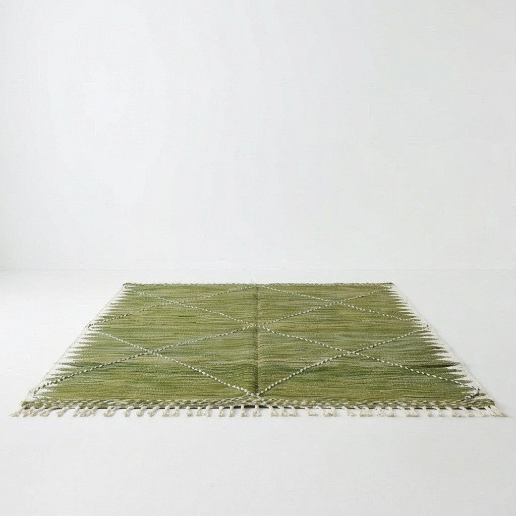 Tapis Zanafi vert de 200x300 cm, à motif losanges et franges décoratives.