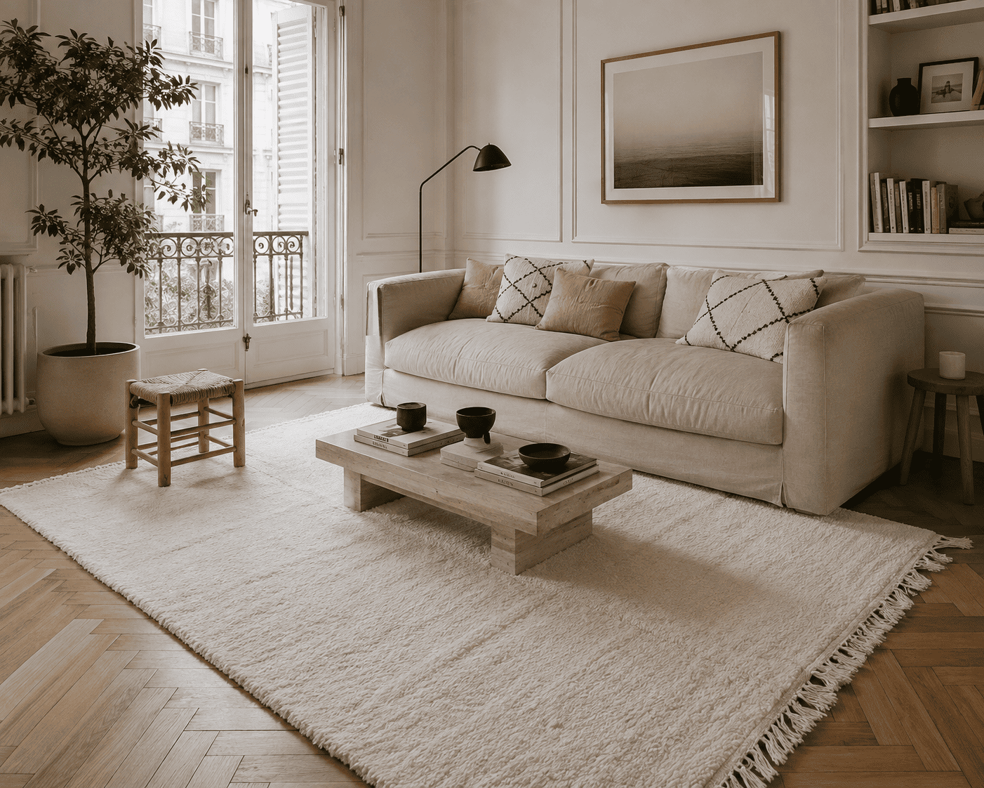 tapis marocain blanc en laine dans un salon parisien