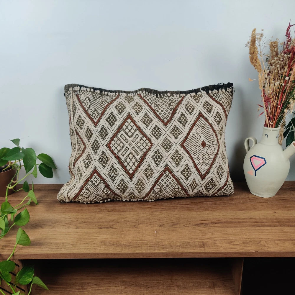 Vieux coussin Kilim blanc et noir vintage