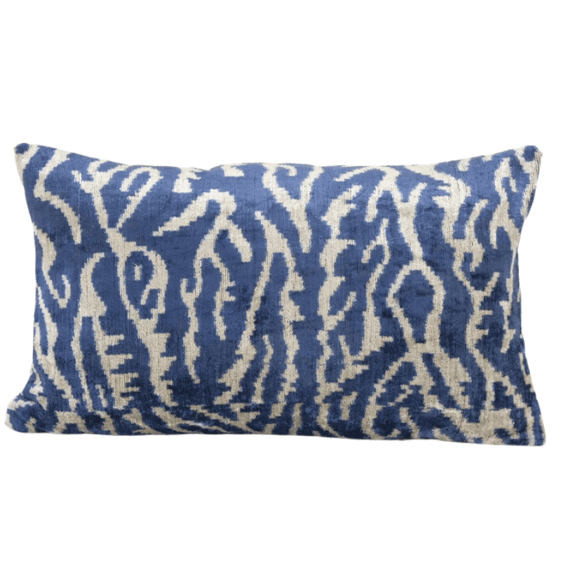 Coussin Ikat zébré bleu céruléen déco bohème